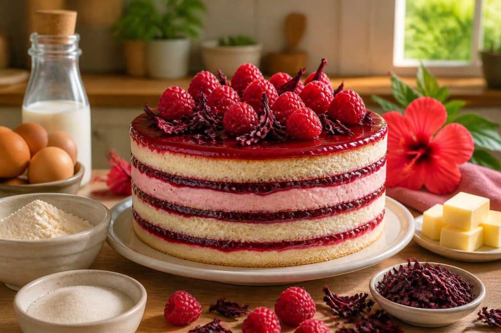 Recette du layer cake hibiscus et framboises