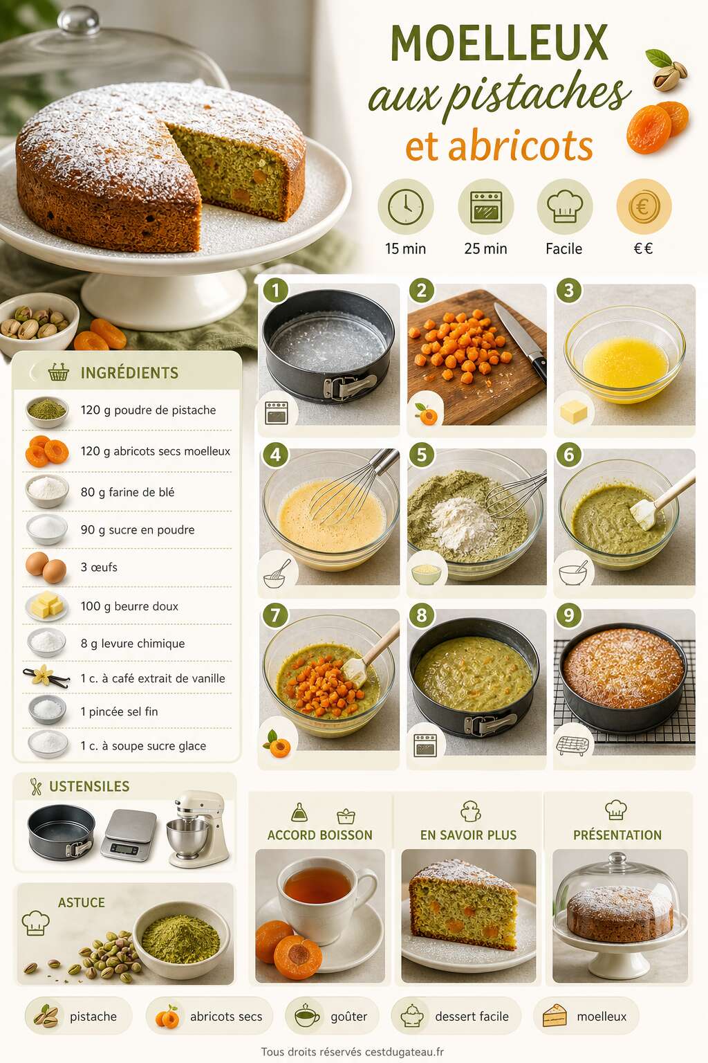 Fiche recette Recette de moelleux aux pistaches et abricots