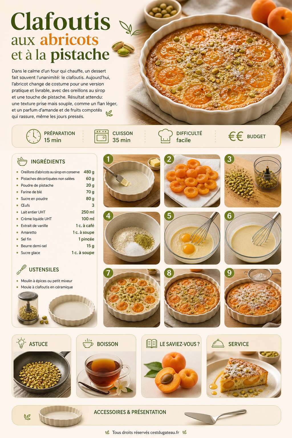 Fiche recette Recette du clafoutis aux abricots et &agrave; la pistache