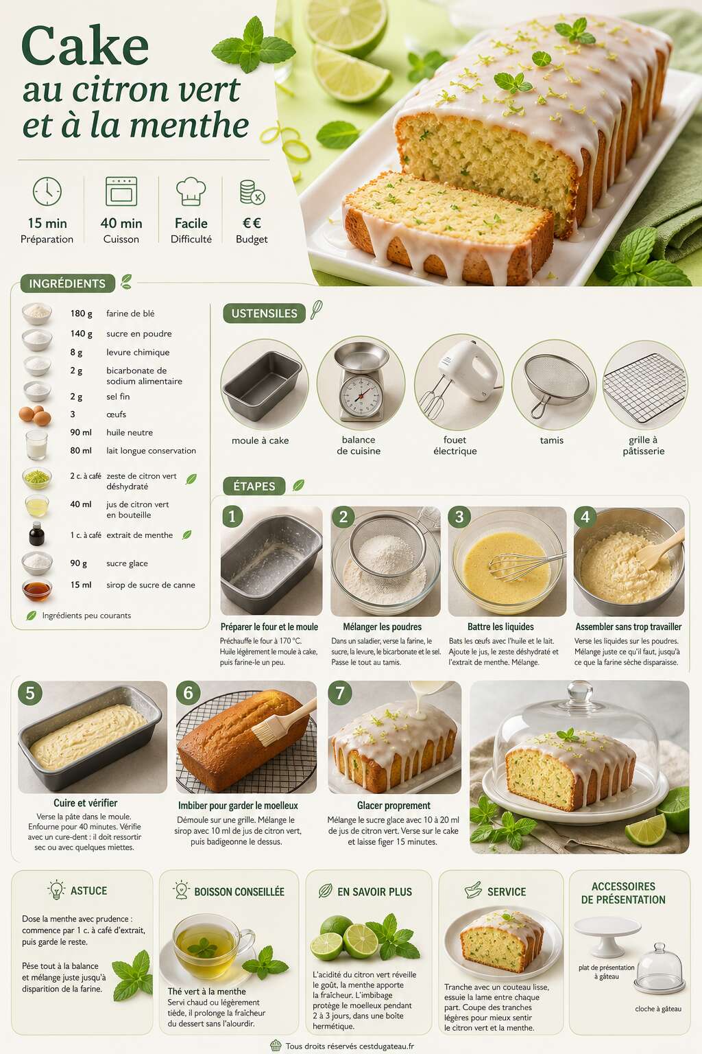 Fiche recette Recette du cake au citron vert et &agrave; la menthe