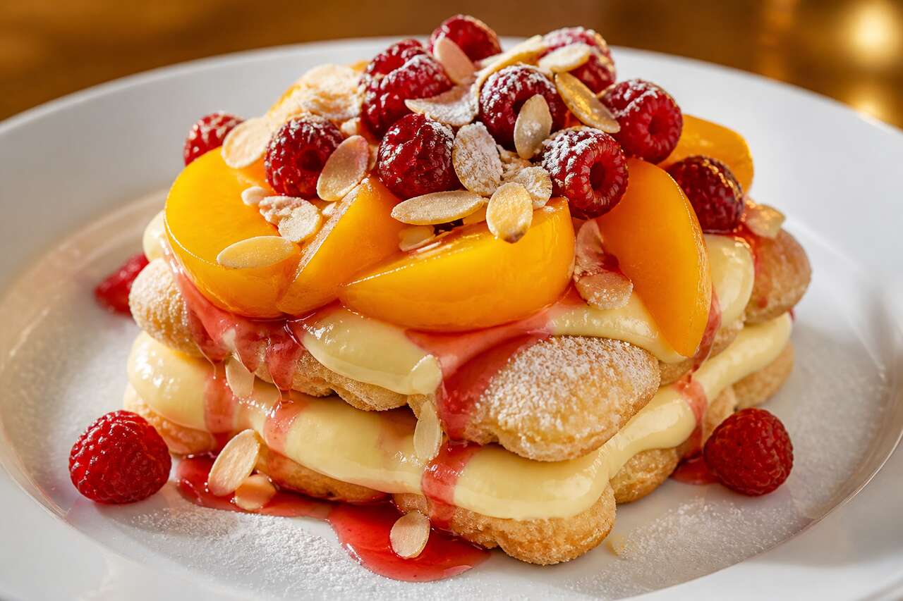 Recette d'entremets pêche Melba : pêche, framboise et vanille