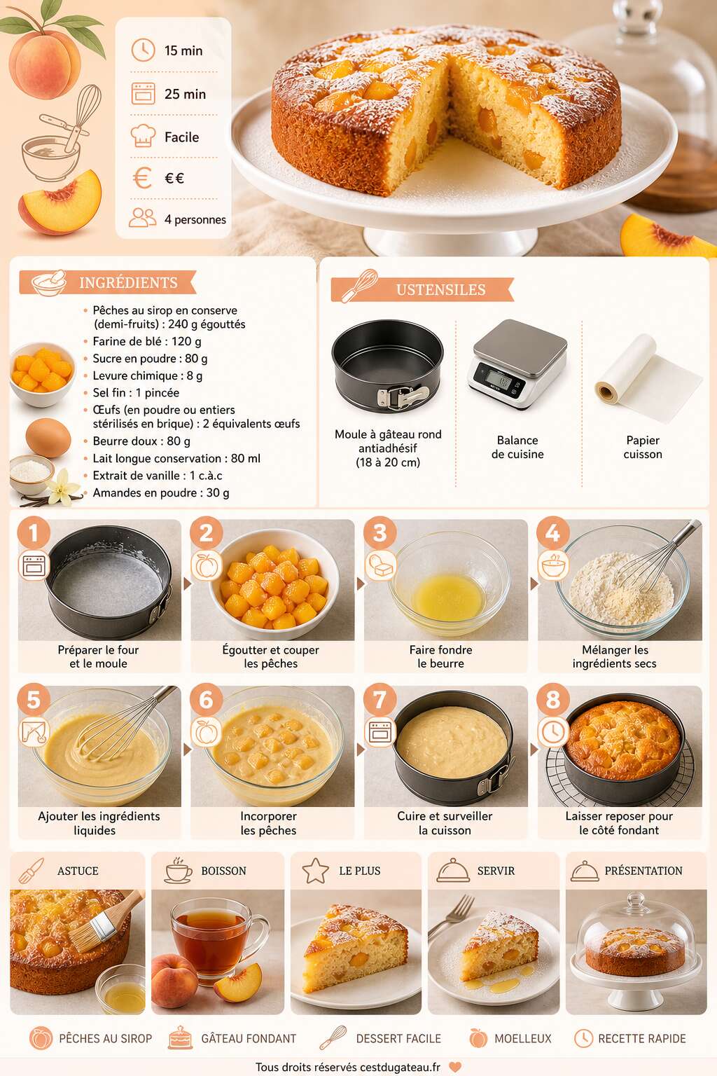 Fiche recette Recette du moelleux aux p&ecirc;ches fondant et facile