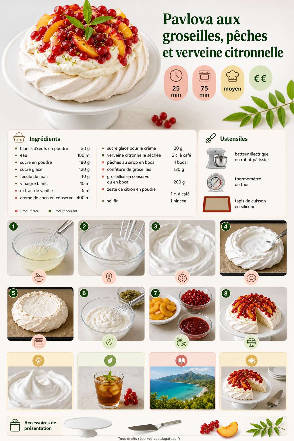 Fiche recette Recette de pavlova aux groseilles, pêches et verveine citronnelle Fiche recette Recette de pavlova aux groseilles, pêches et verveine citronnelle