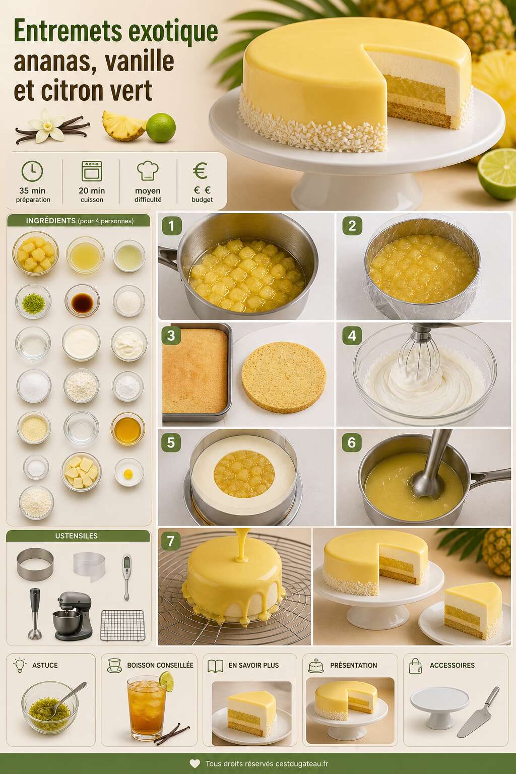 Fiche recette Recette d'entremets exotique ananas, vanille et citron vert Fiche recette Recette d'entremets exotique ananas, vanille et citron vert