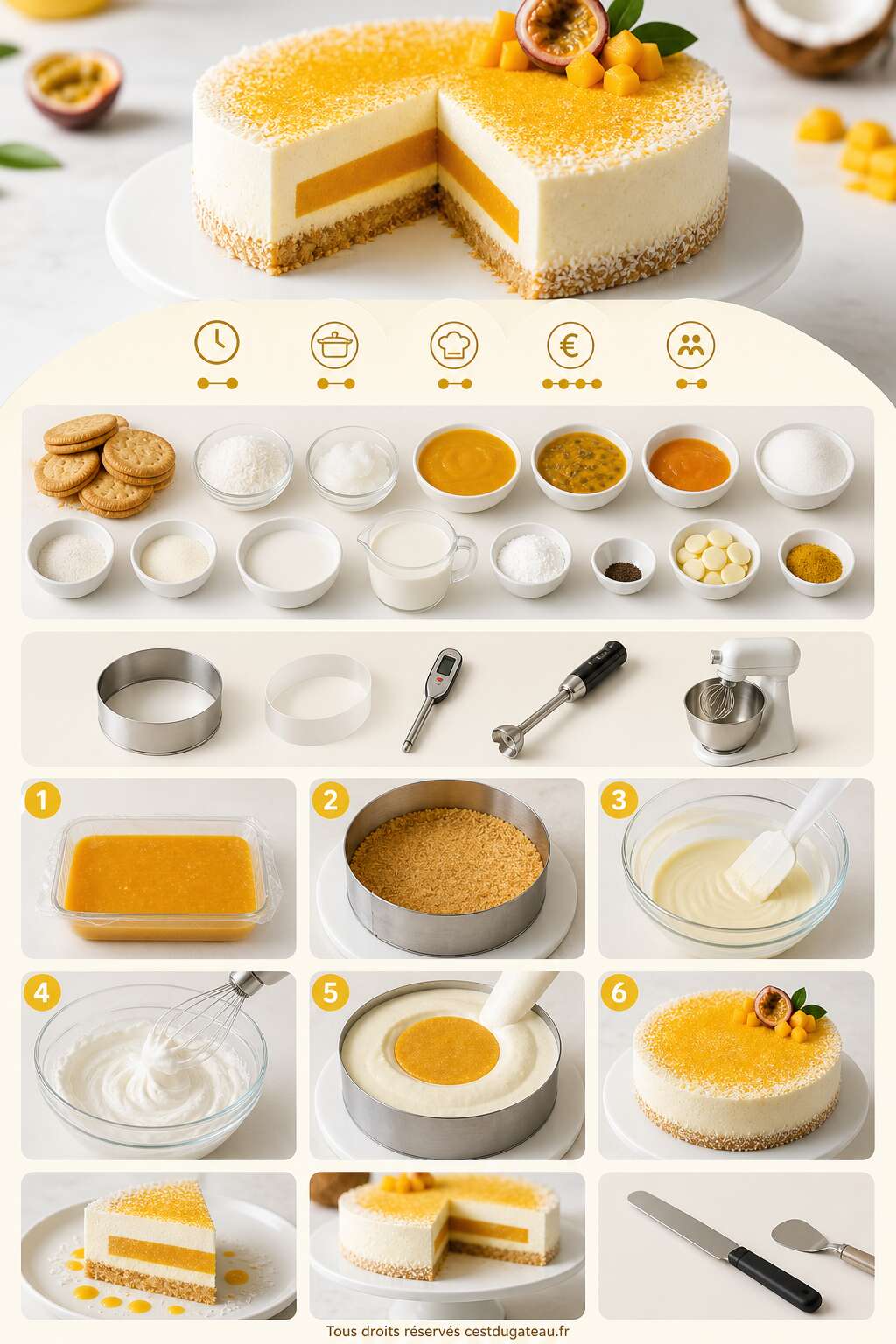 Fiche recette Recette d'entremets coco, mangue et passion Fiche recette Recette d'entremets coco, mangue et passion