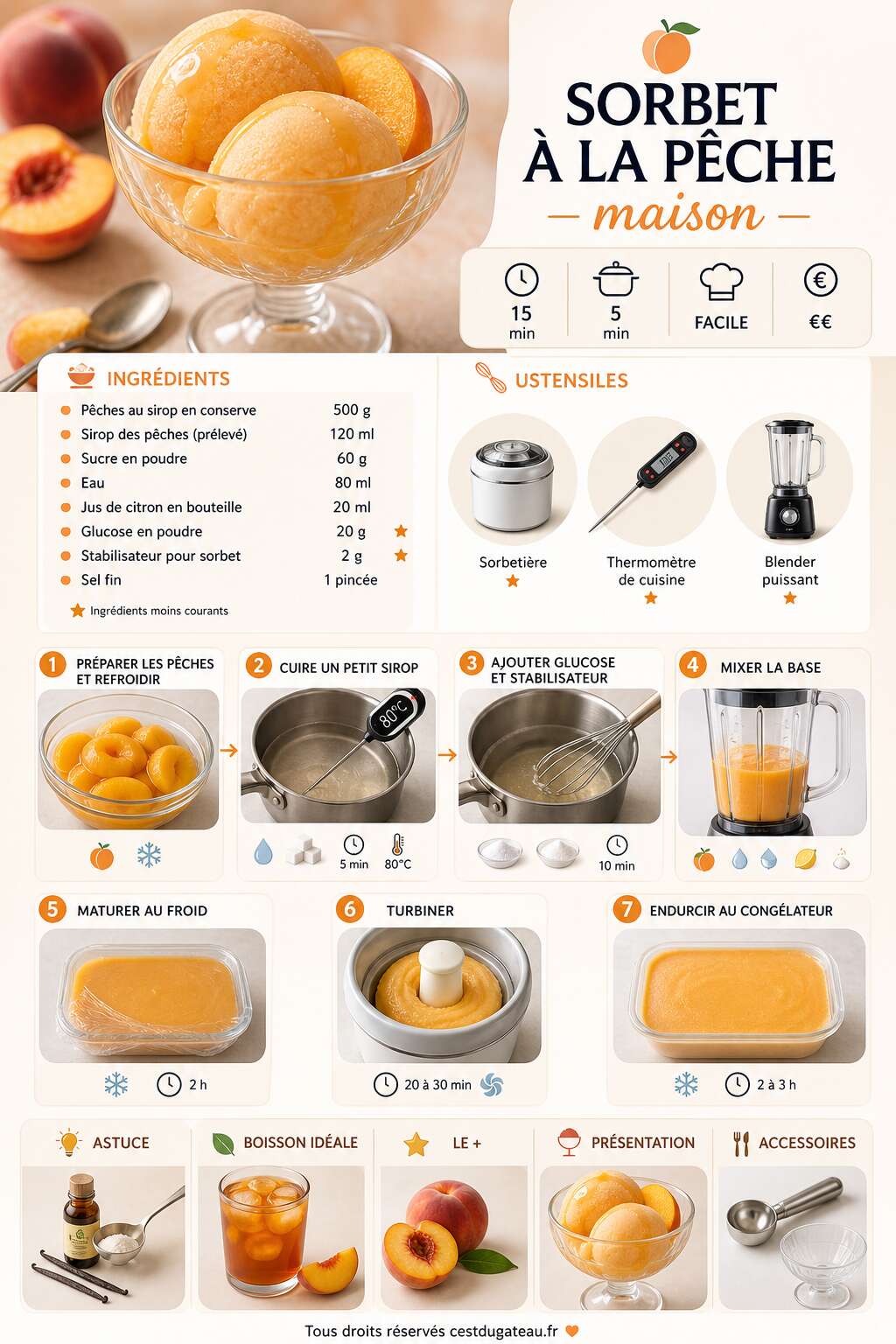 Fiche recette Recette de sorbet &agrave; la p&ecirc;che maison