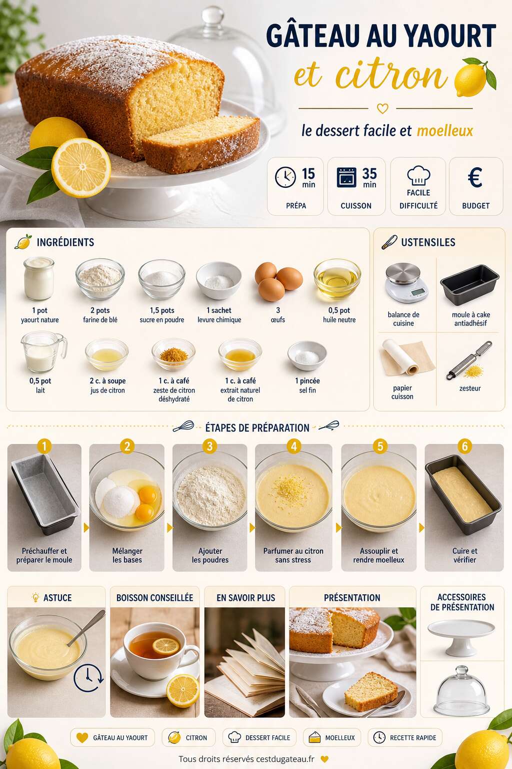 Fiche recette Recette g&acirc;teau au yaourt et citron : le dessert facile et moelleux