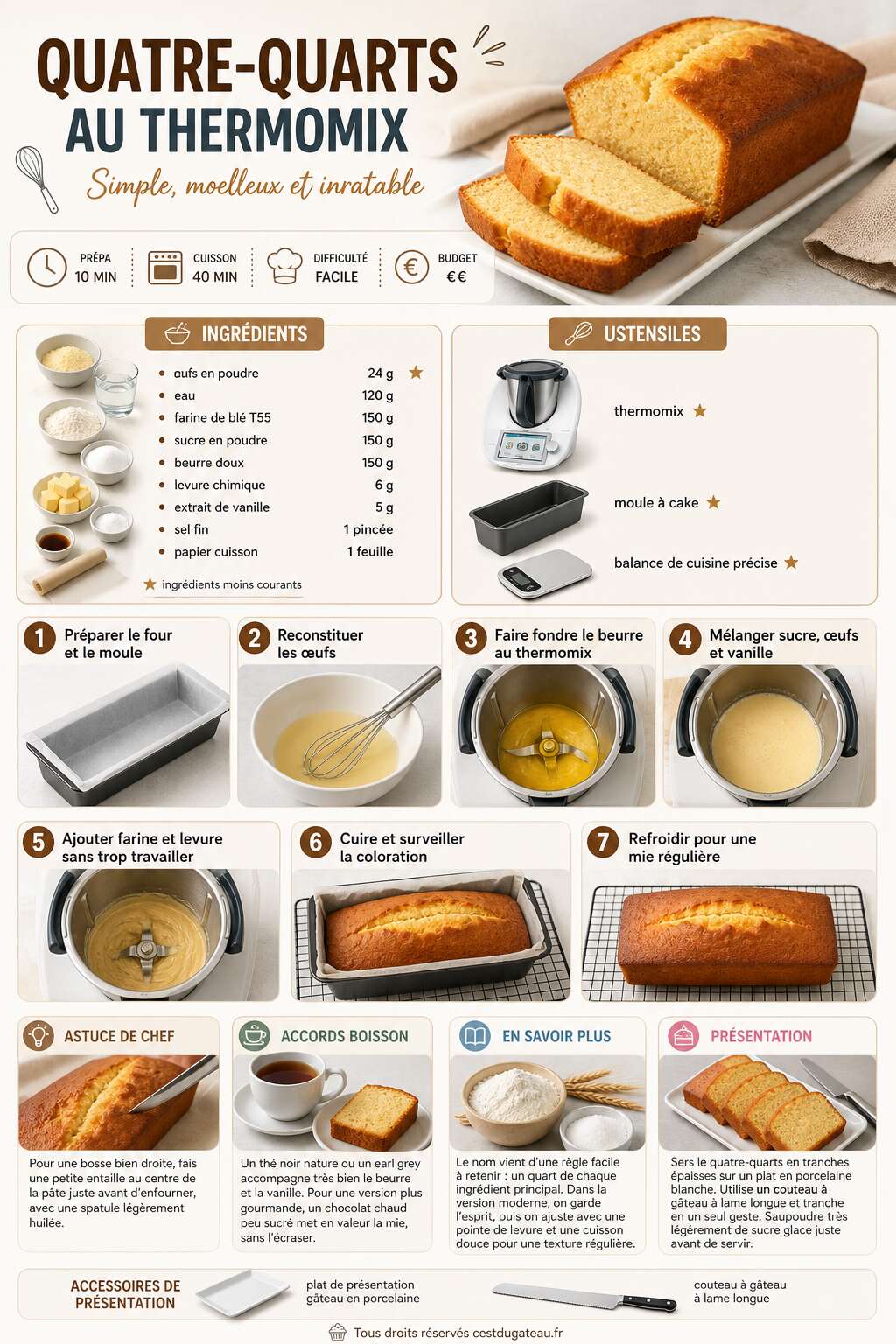 Fiche recette Recette simple de gâteau quatre-quarts au thermomix : astuces et conseils Fiche recette Recette simple de gâteau quatre-quarts au thermomix : astuces et conseils