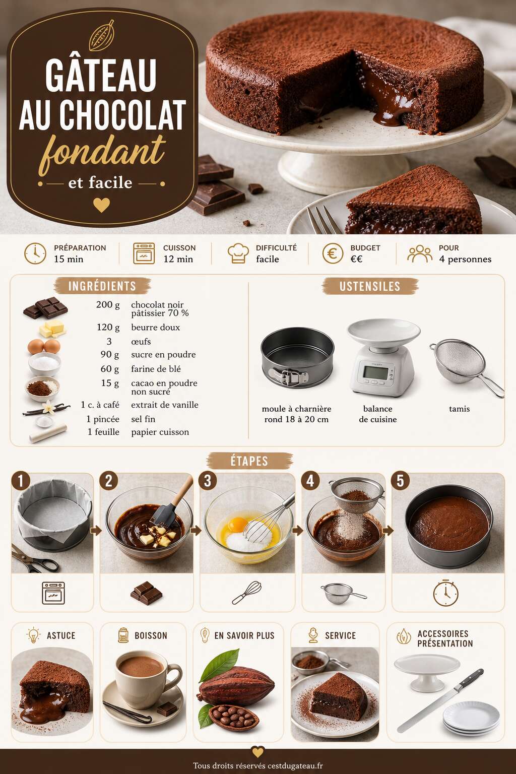 Fiche recette Recette du gâteau au chocolat fondant et facile Fiche recette Recette du gâteau au chocolat fondant et facile