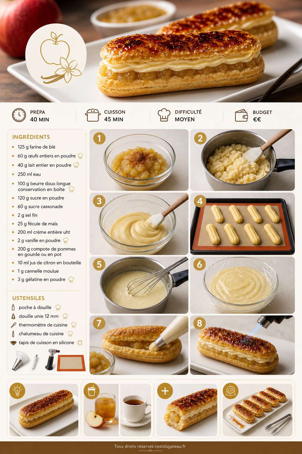 Fiche recette Recette des éclairs pomme et crème brûlée Fiche recette Recette des éclairs pomme et crème brûlée