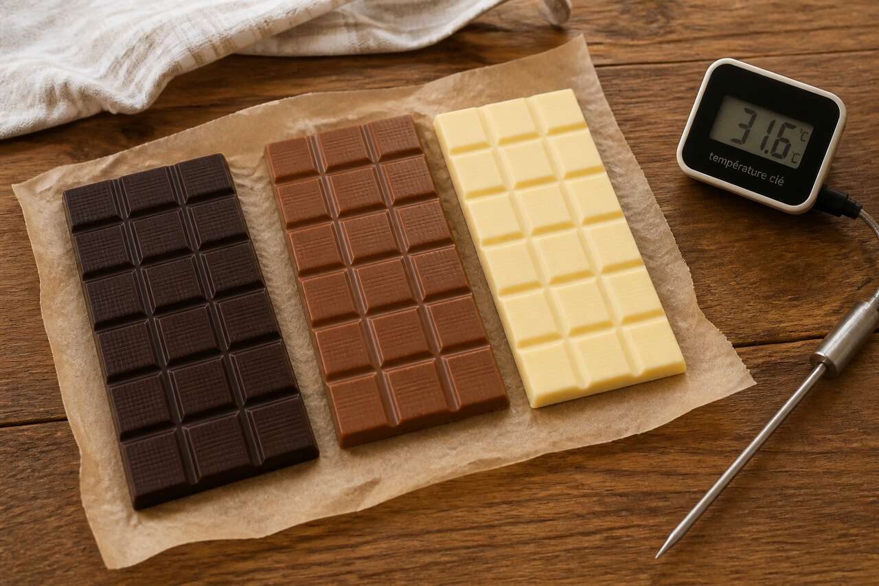 Tableau de tempérage : les températures clés pour noir, lait et blanc Tableau de tempérage : les températures clés pour noir, lait et blanc