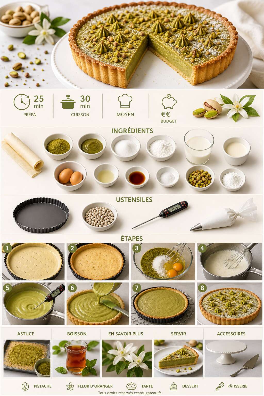 Fiche recette Recette de tarte &agrave; la pistache et &agrave; la fleur d'oranger