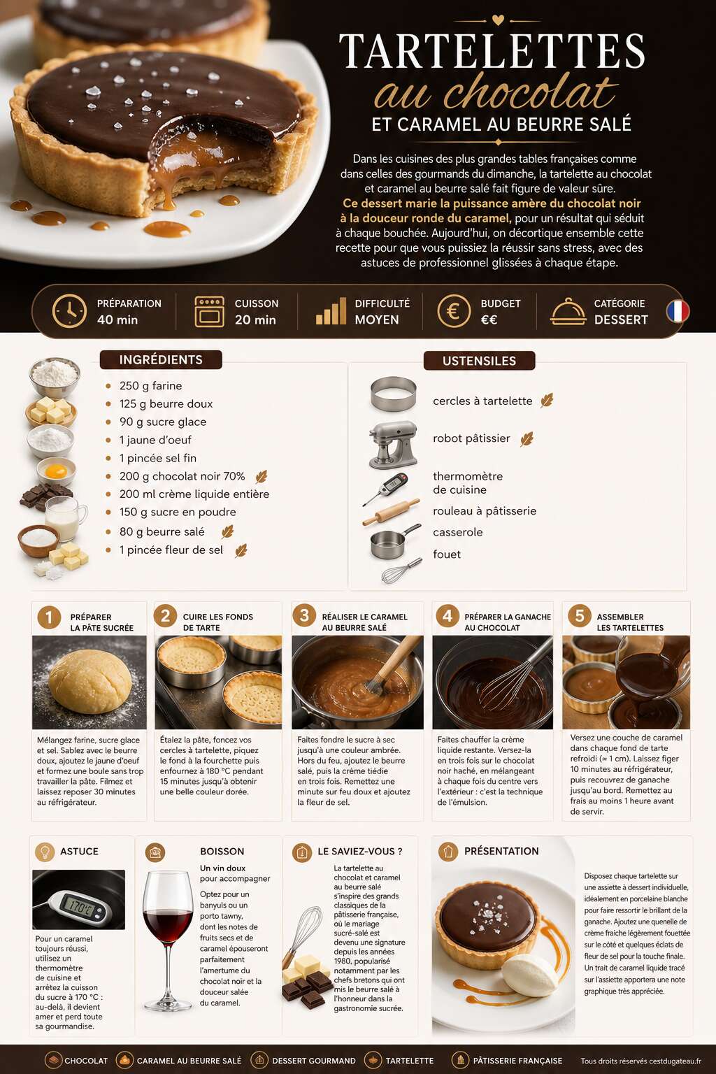 Fiche recette Recette de tartelettes au chocolat et caramel au beurre sal&eacute;