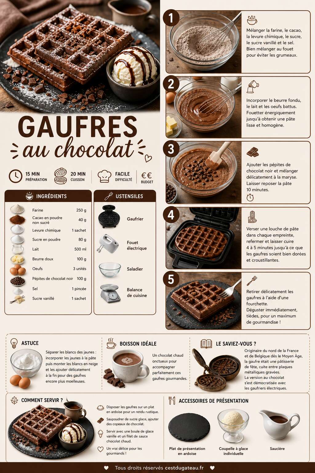 Fiche recette Recette de gaufres au chocolat gourmandes et moelleuses Fiche recette Recette de gaufres au chocolat gourmandes et moelleuses