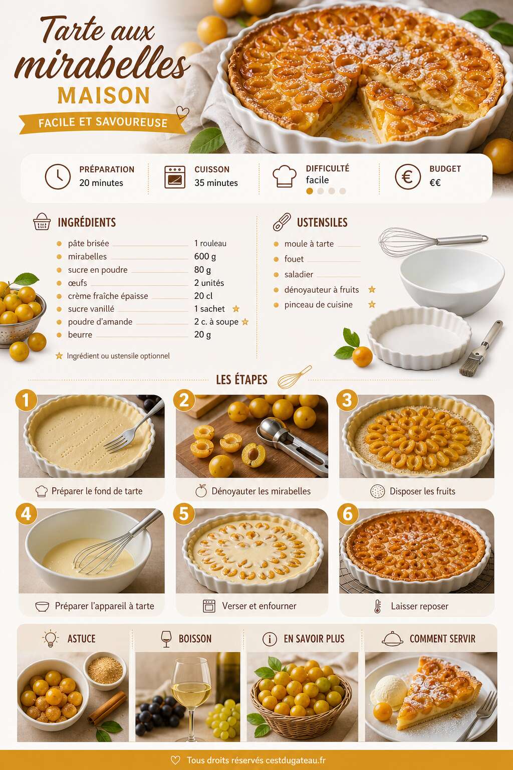 Fiche recette Tarte aux mirabelles maison : recette facile et savoureuse Fiche recette Tarte aux mirabelles maison : recette facile et savoureuse