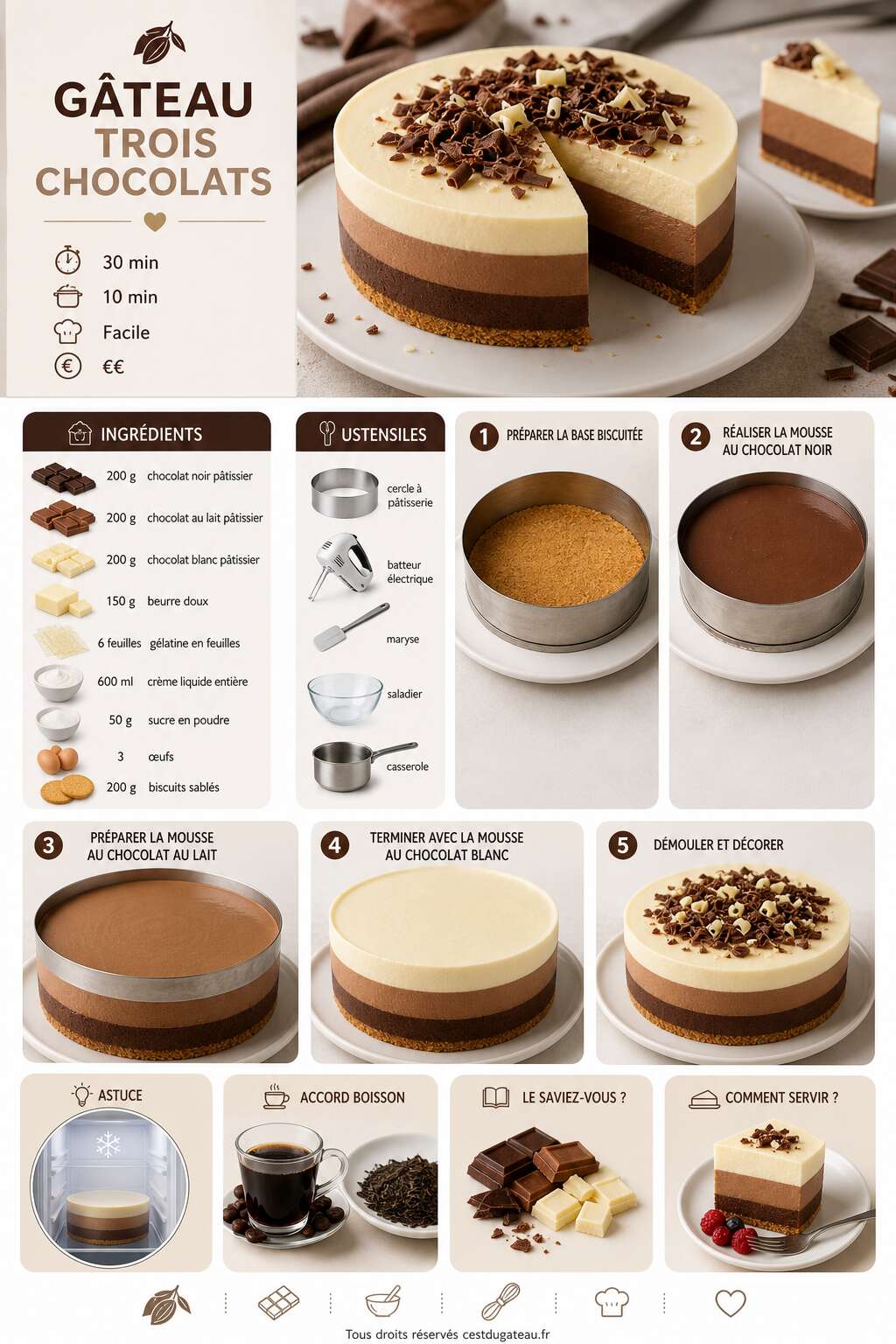 Fiche recette Recette g&acirc;teau trois chocolats : facile et d&eacute;licieuse