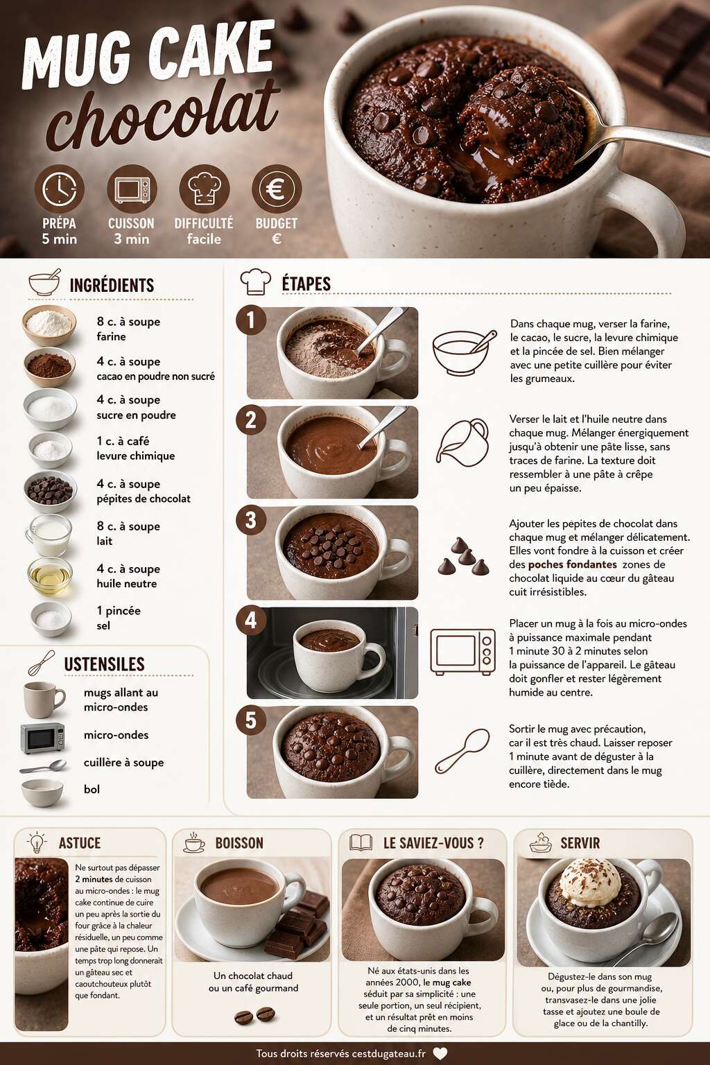Fiche recette Mug cake chocolat : gâteau express et moelleux Fiche recette Mug cake chocolat : gâteau express et moelleux
