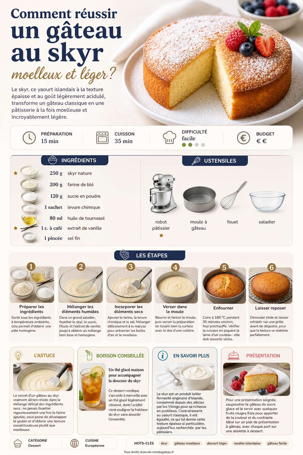 Fiche recette Comment r&eacute;ussir un g&acirc;teau au skyr moelleux et l&eacute;ger ?