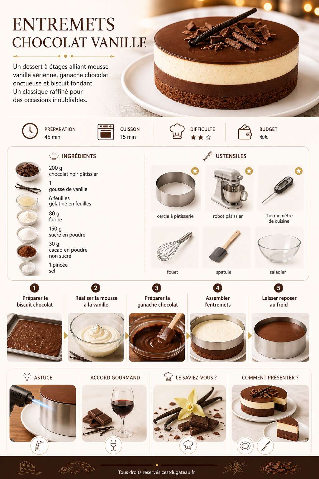 Fiche recette Recette d'entremets chocolat vanille