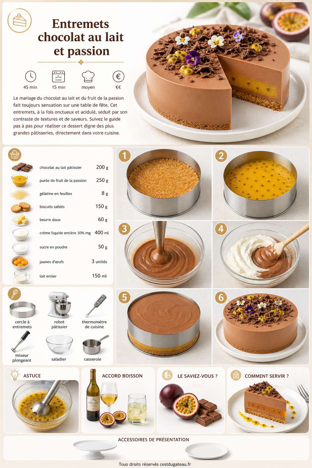 Fiche recette Recette d'entremets chocolat au lait et passion Fiche recette Recette d'entremets chocolat au lait et passion