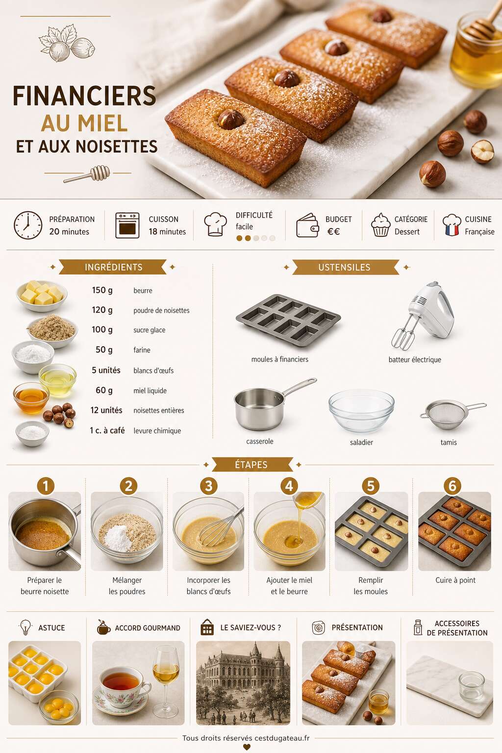 Fiche recette Recette de financiers au miel et aux noisettes Fiche recette Recette de financiers au miel et aux noisettes