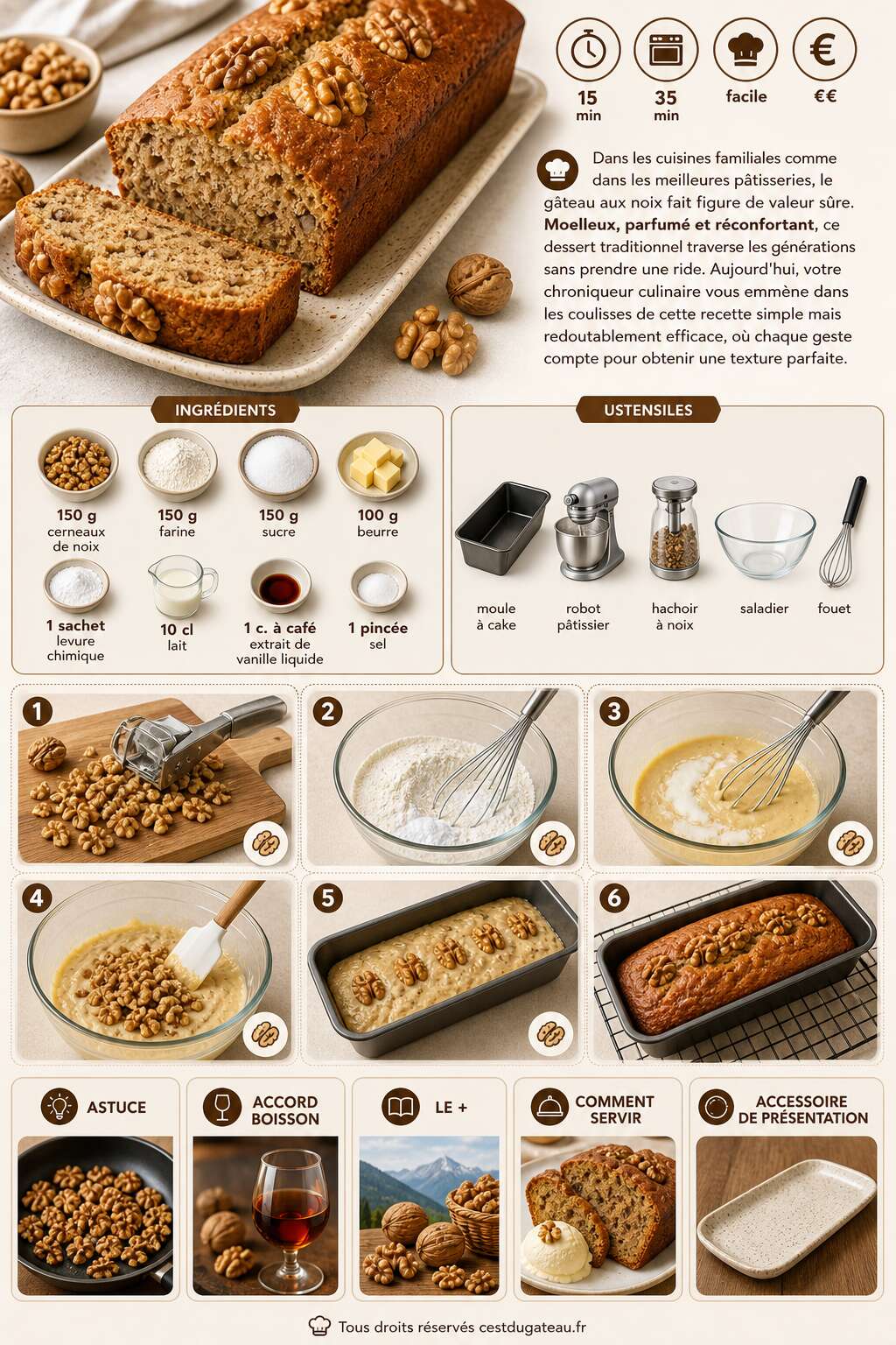 Fiche recette G&acirc;teau aux noix moelleux et facile : d&eacute;couvrez la recette