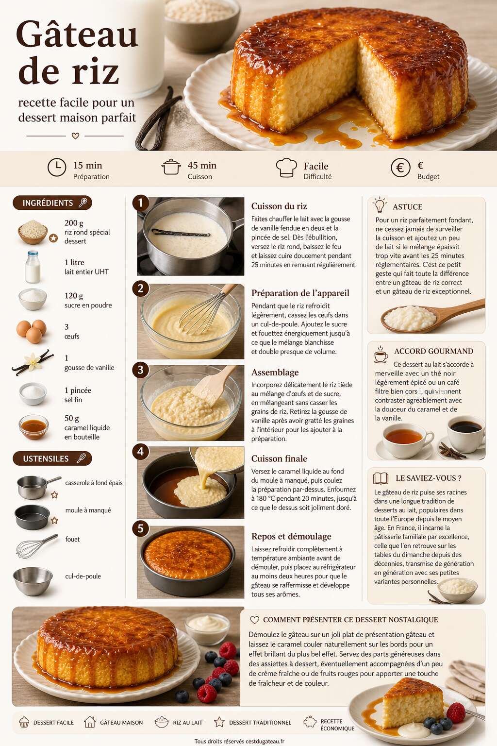 Fiche recette G&acirc;teau de riz : recette facile pour un dessert maison parfait