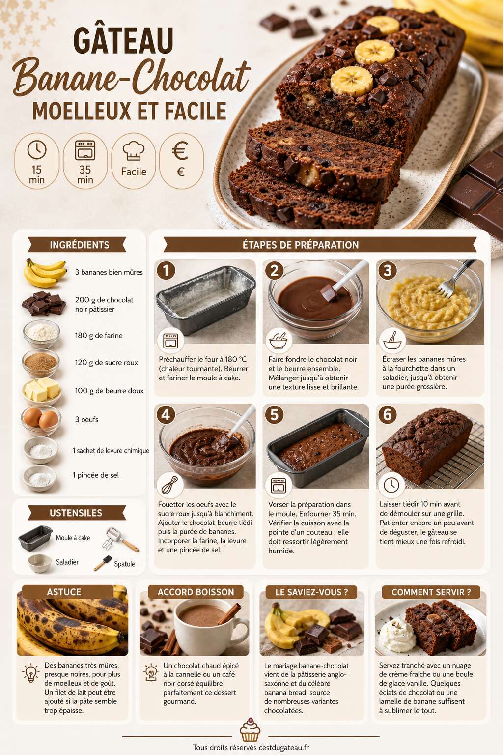 Fiche recette Gâteau banane-chocolat moelleux et facile : la recette inratable Fiche recette Gâteau banane-chocolat moelleux et facile : la recette inratable