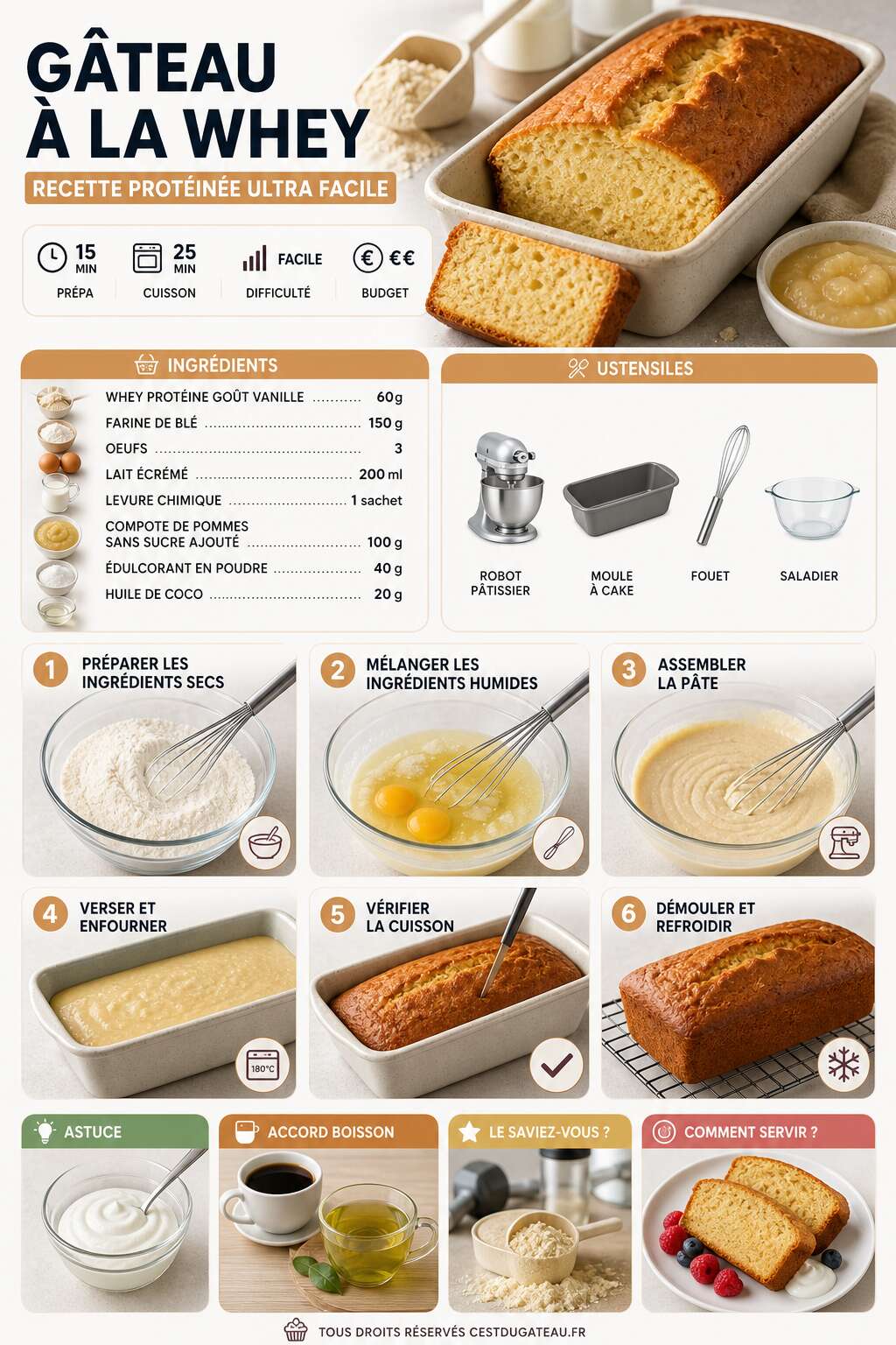 Fiche recette Gâteau à la whey : découvrez la recette protéinée ultra facile Fiche recette Gâteau à la whey : découvrez la recette protéinée ultra facile