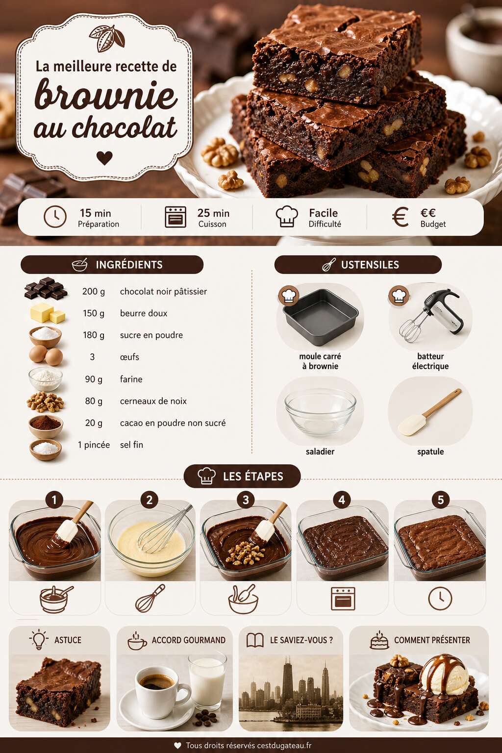 Fiche recette La meilleure recette de brownie au chocolat Fiche recette La meilleure recette de brownie au chocolat