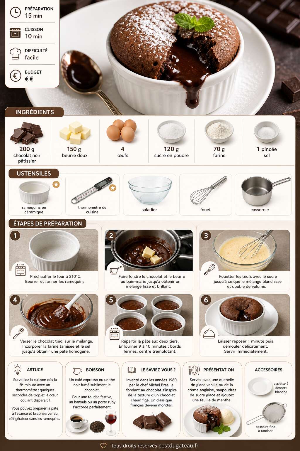 Fiche recette Fondant au chocolat coulant : recette facile et irr&eacute;sistible