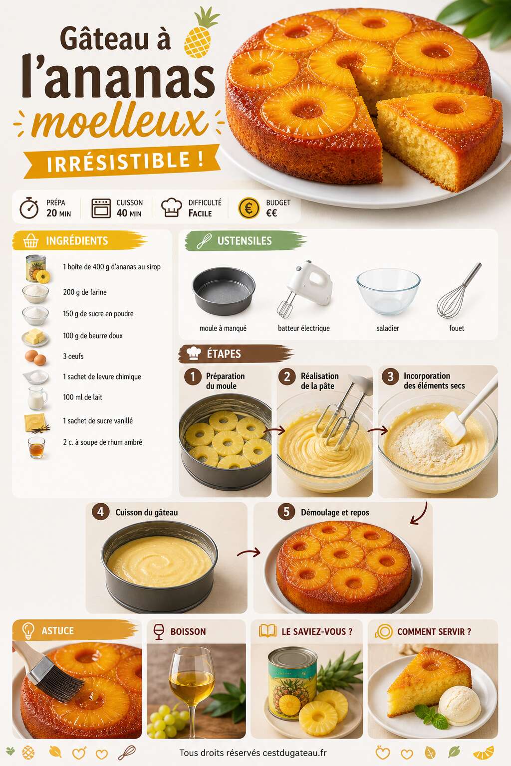 Fiche recette Comment préparer un gâteau à l'ananas moelleux irrésistible ? Fiche recette Comment préparer un gâteau à l'ananas moelleux irrésistible ?