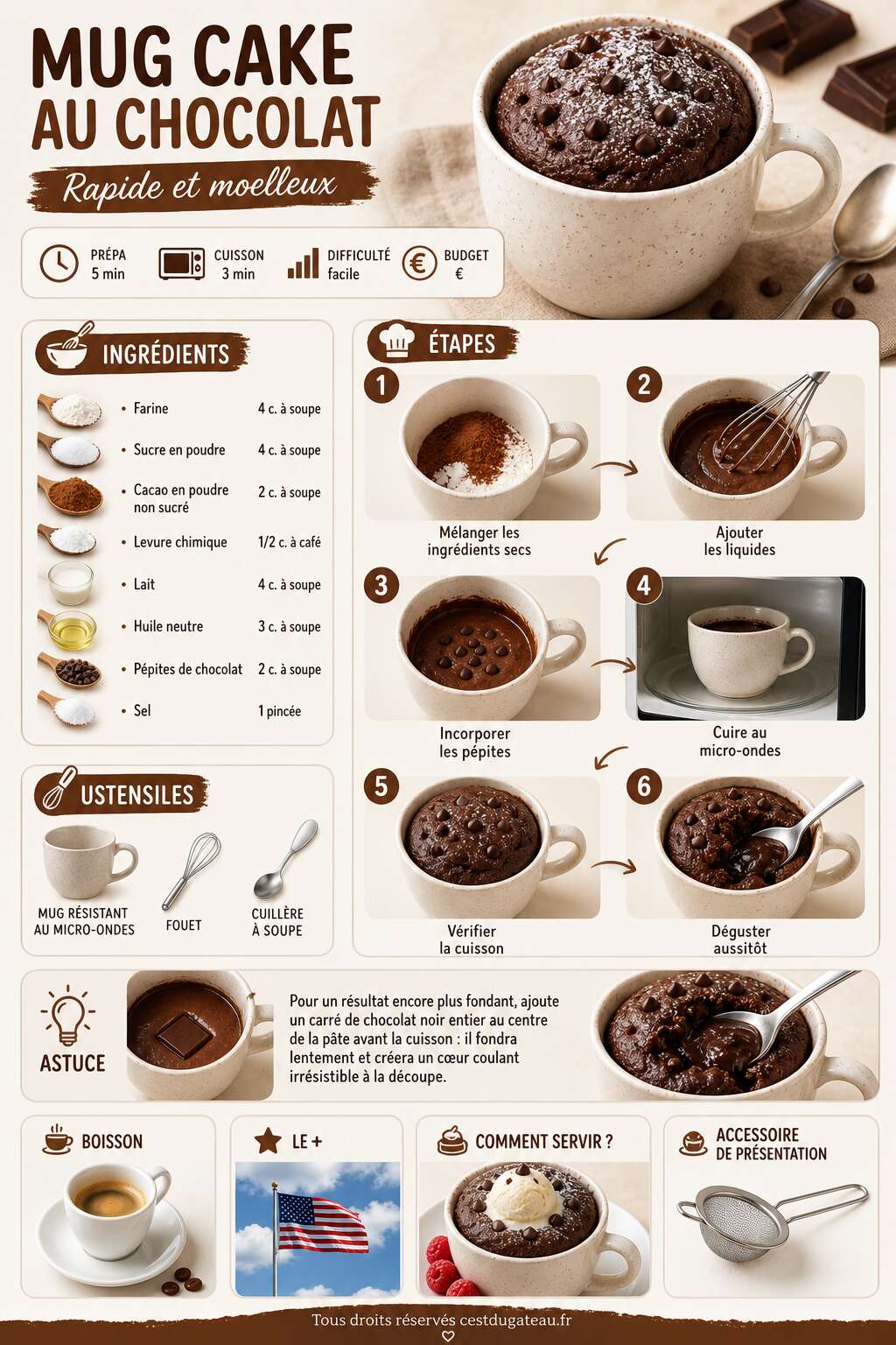 Fiche recette Mug cake au chocolat rapide et moelleux : recette facile Fiche recette Mug cake au chocolat rapide et moelleux : recette facile