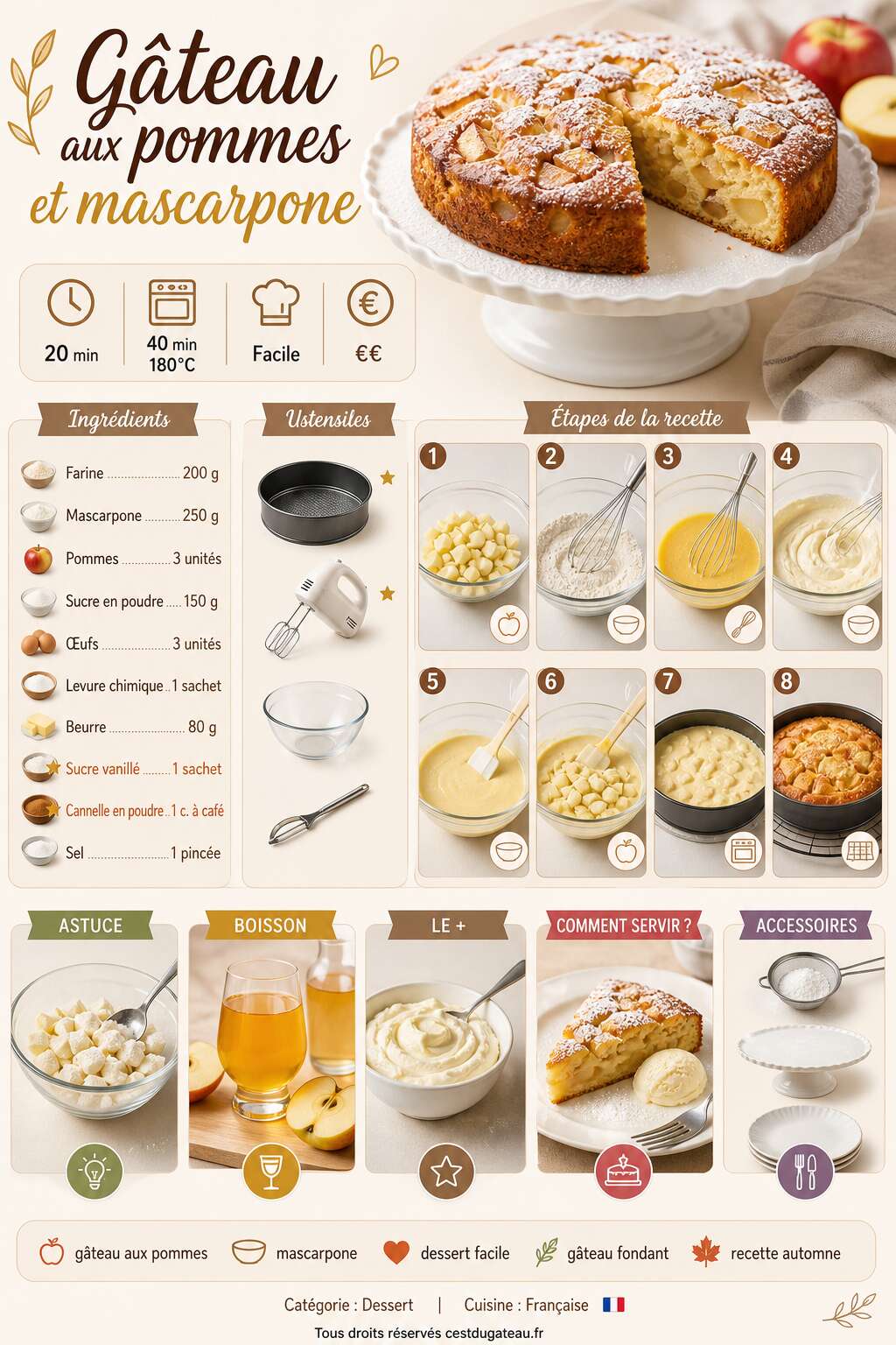 Fiche recette Recette du gâteau aux pommes et mascarpone Fiche recette Recette du gâteau aux pommes et mascarpone