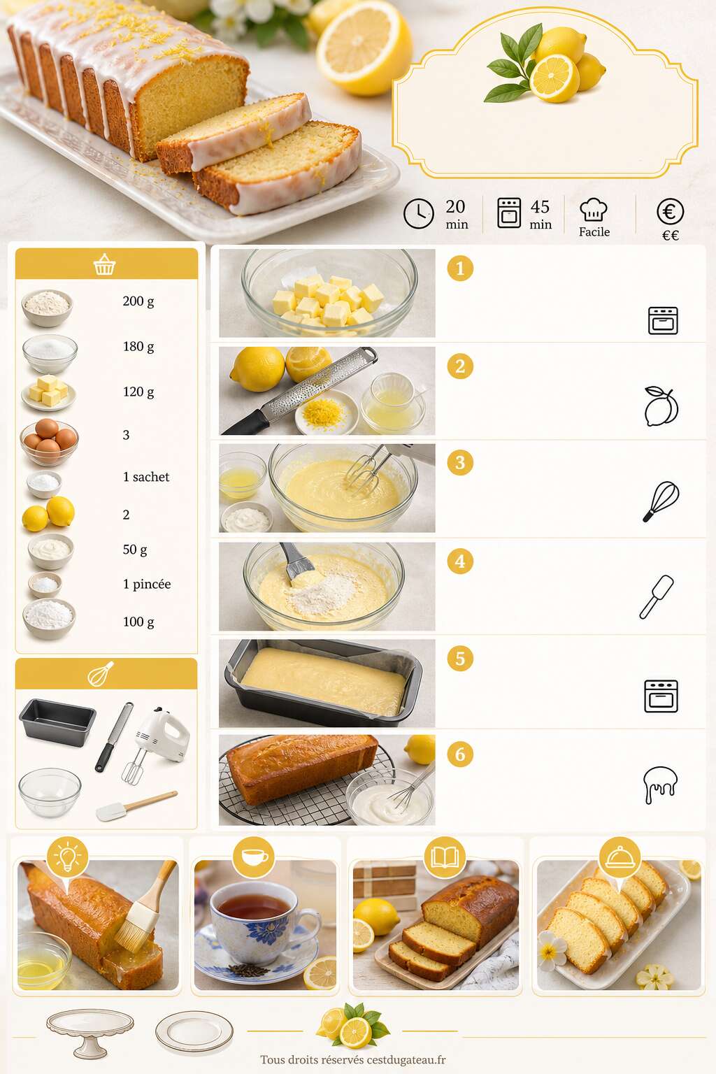 Fiche recette La meilleure recette de cake au citron moelleux et parfumé Fiche recette La meilleure recette de cake au citron moelleux et parfumé