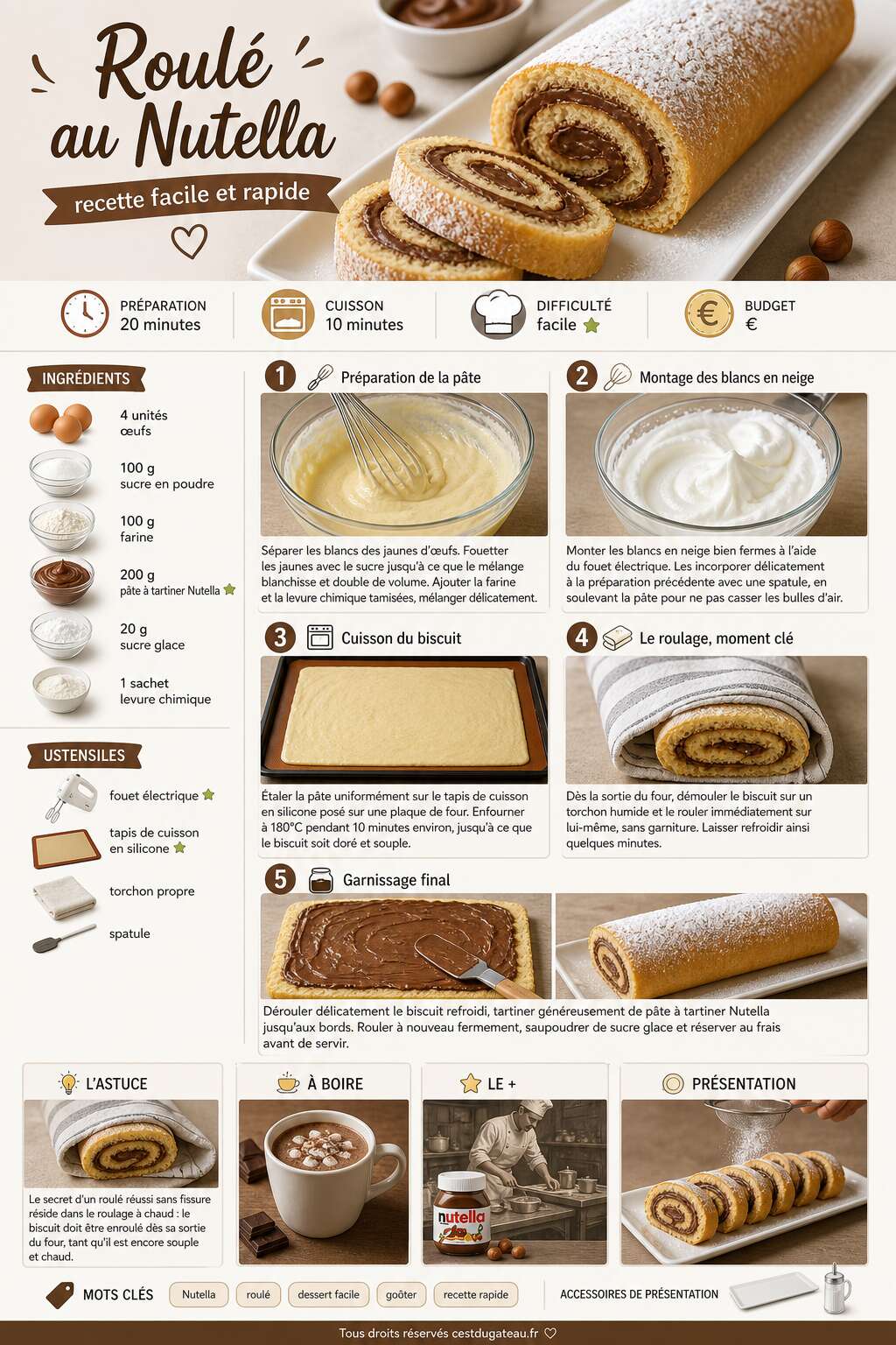 Fiche recette Roulé au Nutella : recette facile et rapide Fiche recette Roulé au Nutella : recette facile et rapide
