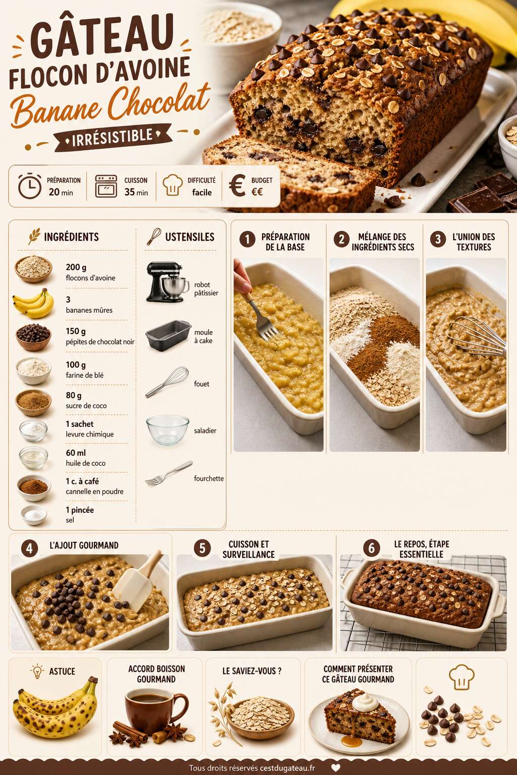 Fiche recette Comment préparer un gâteau flocon d'avoine banane chocolat irrésistible ? Fiche recette Comment préparer un gâteau flocon d'avoine banane chocolat irrésistible ?