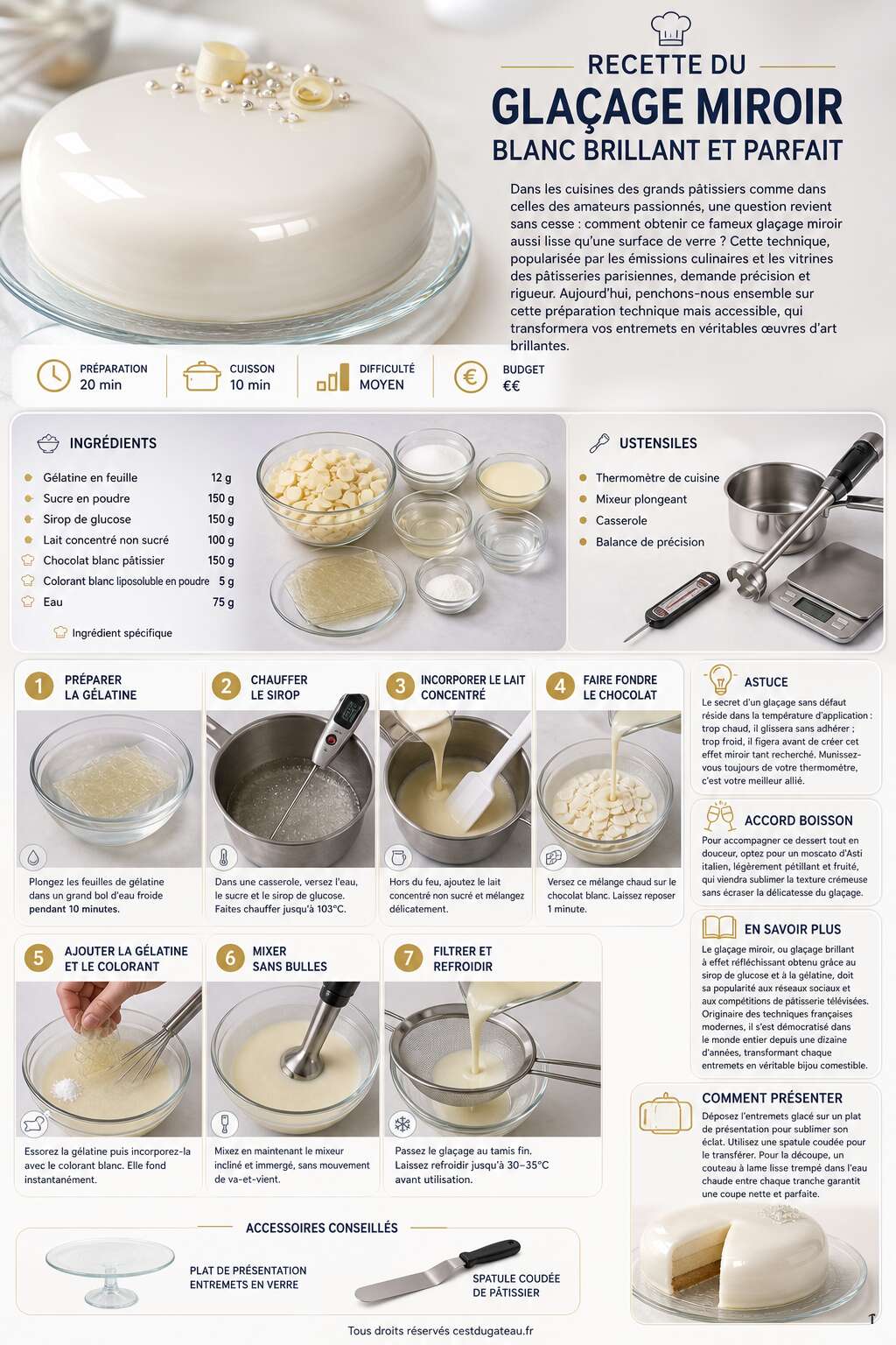Fiche recette Recette du glaçage miroir blanc brillant et parfait Fiche recette Recette du glaçage miroir blanc brillant et parfait