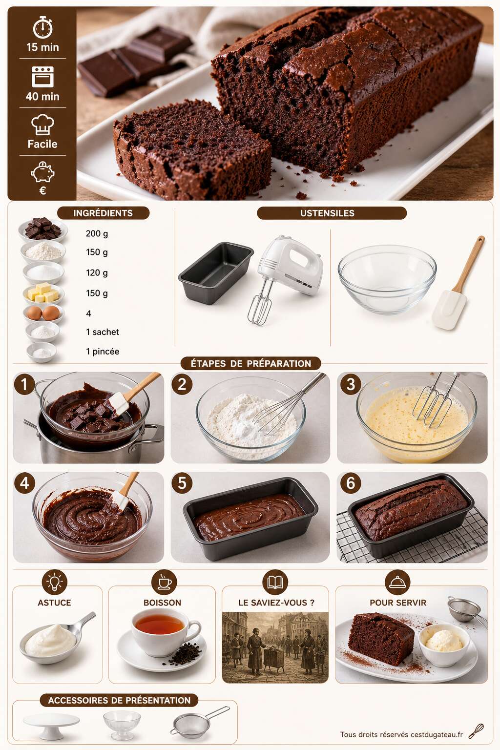 Fiche recette Recette du cake au chocolat moelleux et facile