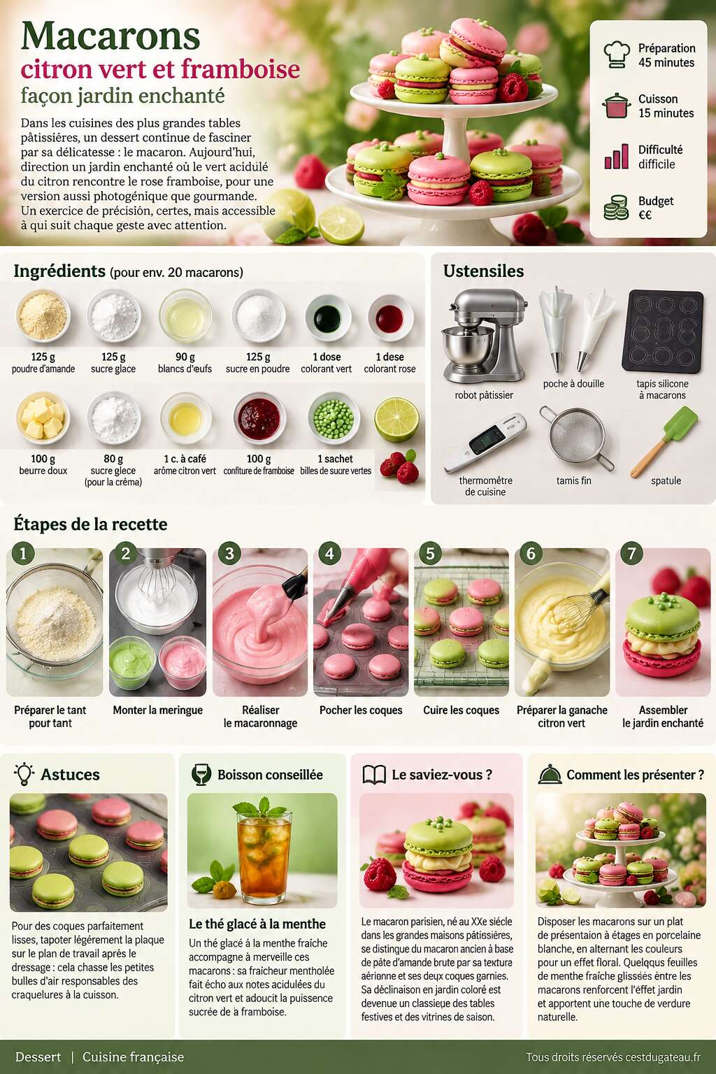 Fiche recette Recette de macarons citron vert et framboise fa&ccedil;on jardin enchant&eacute;