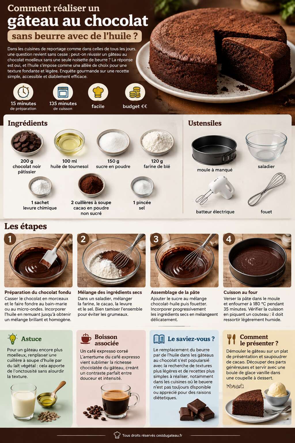 Fiche recette Comment réaliser un gâteau au chocolat sans beurre avec de l'huile ? Fiche recette Comment réaliser un gâteau au chocolat sans beurre avec de l'huile ?