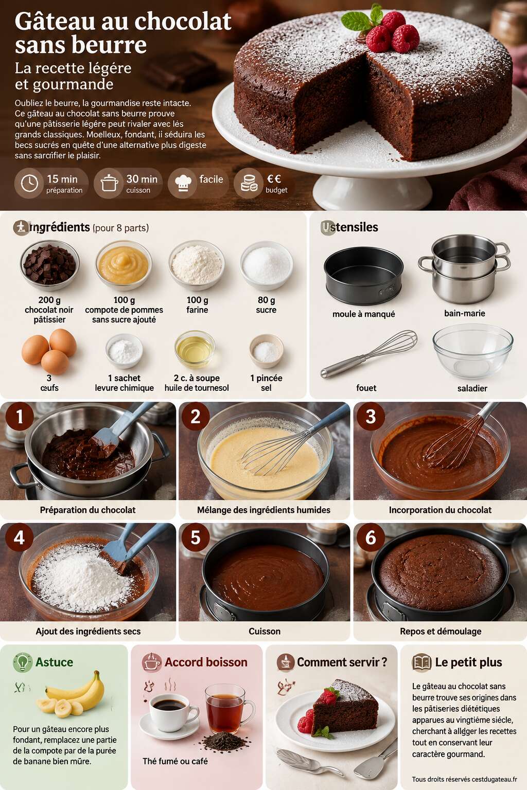 Fiche recette Gâteau au chocolat sans beurre : la recette légère et gourmande Fiche recette Gâteau au chocolat sans beurre : la recette légère et gourmande