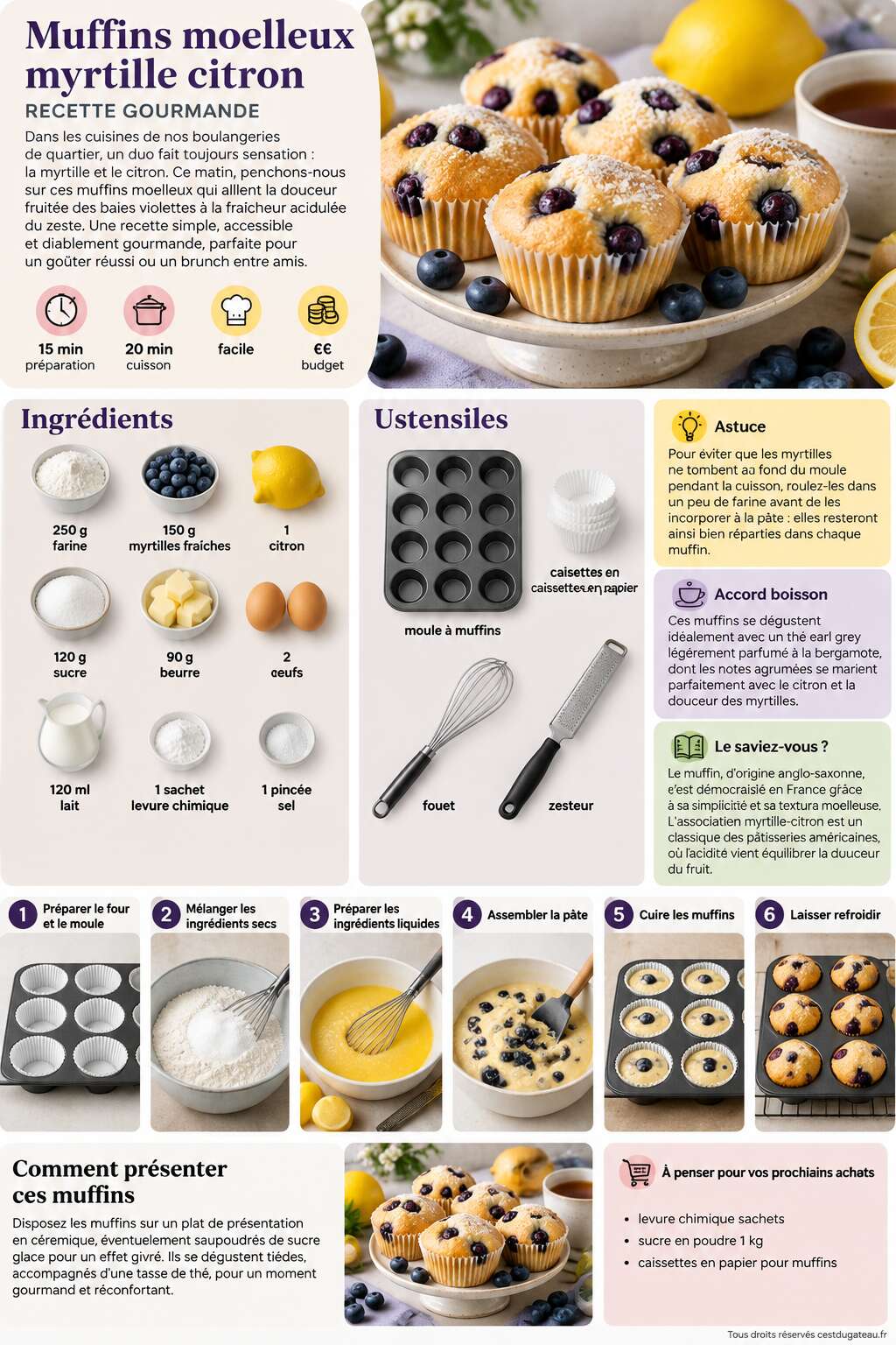 Fiche recette Muffins moelleux myrtille citron : recette gourmande Fiche recette Muffins moelleux myrtille citron : recette gourmande