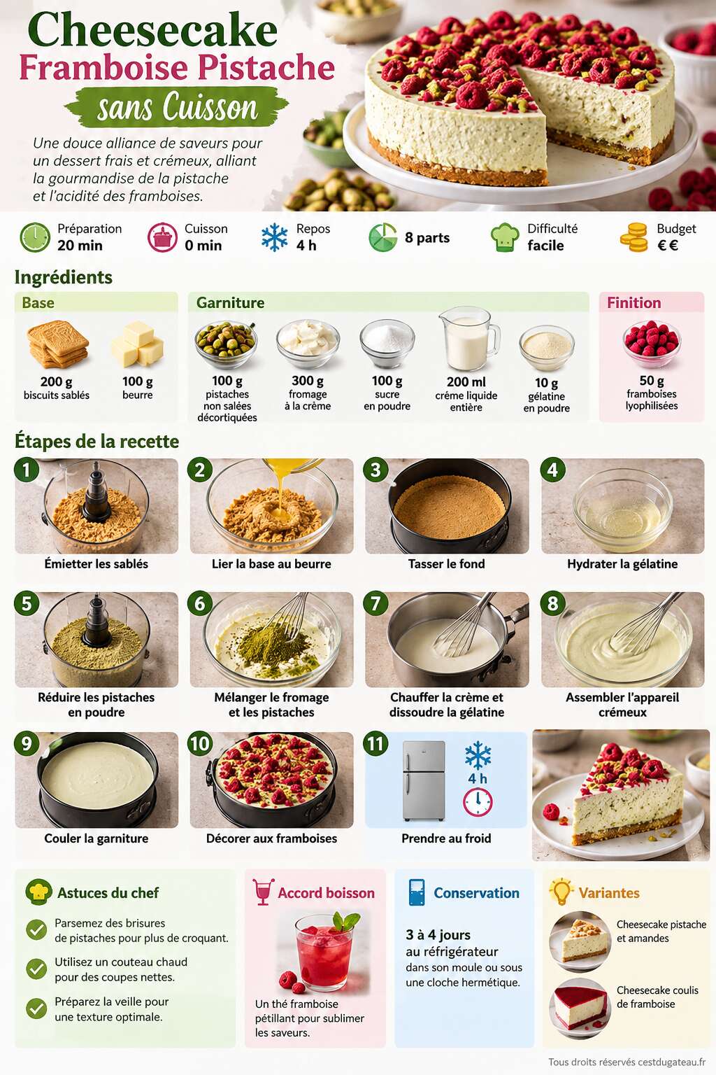 Fiche recette Cheesecake Framboise Pistache sans Cuisson : recette Gourmande