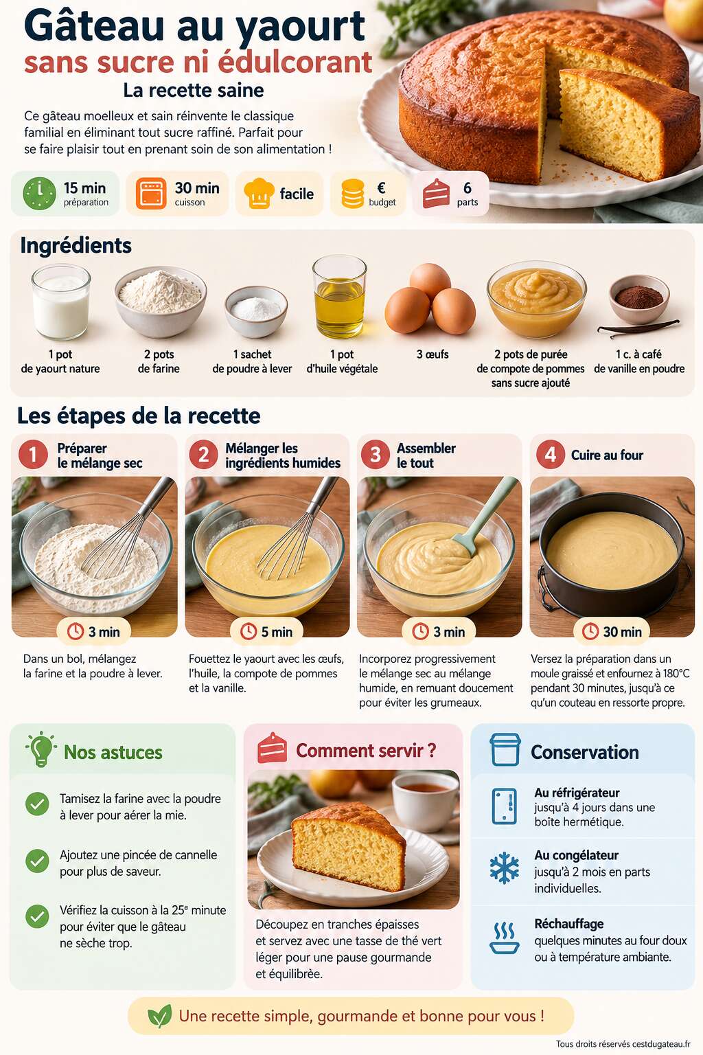 Fiche recette Gâteau au yaourt sans sucre ni édulcorant : la recette saine Fiche recette Gâteau au yaourt sans sucre ni édulcorant : la recette saine