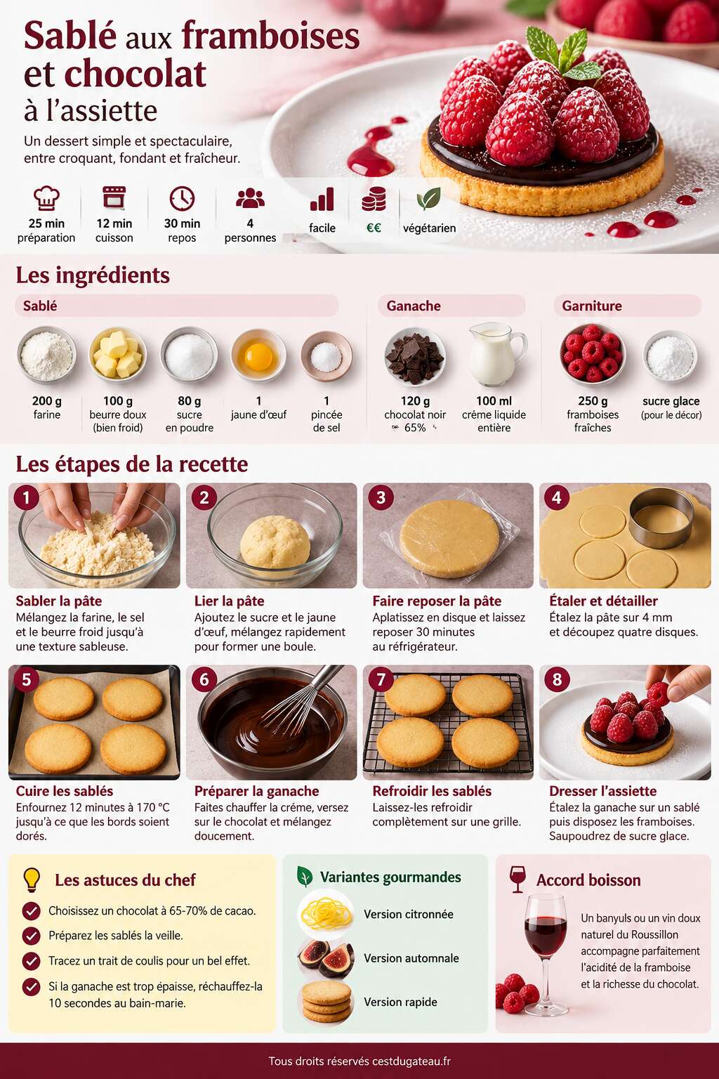 Fiche recette Recette de sablé aux framboises et chocolat à l'assiette Fiche recette Recette de sablé aux framboises et chocolat à l'assiette
