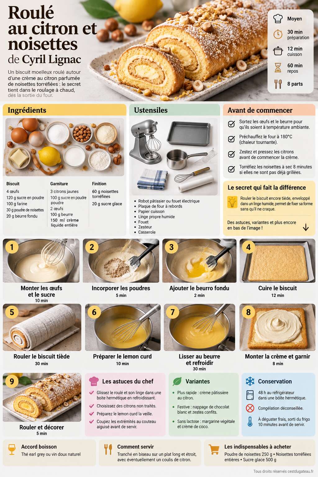 Fiche recette Roul&eacute; au citron et noisettes de Cyril Lignac