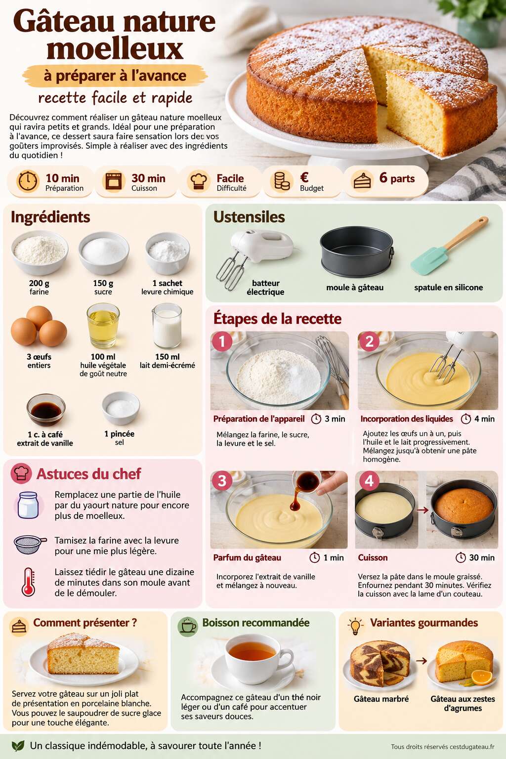 Fiche recette G&acirc;teau nature moelleux &agrave; pr&eacute;parer &agrave; l'avance : recette facile et rapide