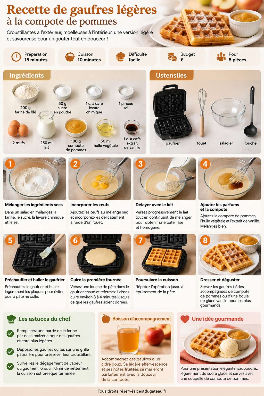 Fiche recette Recette de gaufres légères à la compote de pommes Fiche recette Recette de gaufres légères à la compote de pommes