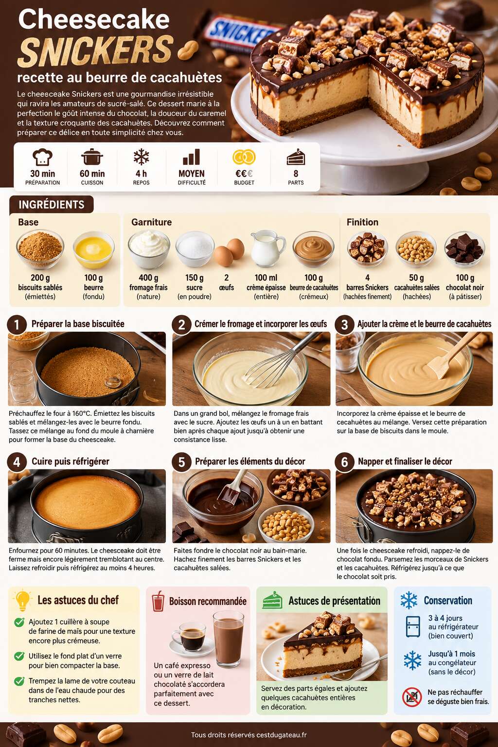 Fiche recette Cheesecake Snickers : recette au beurre de cacahuètes Fiche recette Cheesecake Snickers : recette au beurre de cacahuètes